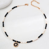 Pearl & Onyx Enamel Pendant Necklace | S925 Sterling Silver, Vintage Gold