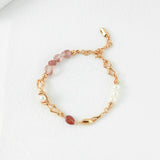 Strawberry Quartz & Pearl Bracelet | S925 Sterling Silver, White Gold / Vintage Gold