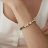 Stone & Pearl Bracelet | S925 Sterling Silver, Vintage Gold
