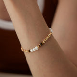 Tiger Eye & Pearl Bracelet | S925 Sterling Silver, Vintage Gold