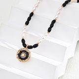 Pearl & Onyx Enamel Pendant Necklace | S925 Sterling Silver, Vintage Gold