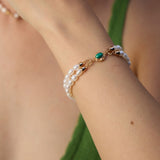 Malachite & Pearl Double-Strand Bracelet | S925 Sterling Silver, Vintage Gold