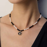 Pearl & Onyx Enamel Pendant Necklace | S925 Sterling Silver, Vintage Gold
