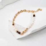Tiger Eye & Pearl Bracelet | S925 Sterling Silver, Vintage Gold