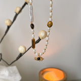 Tiger’s Eye & Pearl Necklace | S925 Sterling Silver, Vintage Gold