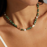 Qinghai Stone & Pearl Necklace | S925 Sterling Silver, Vintage Gold