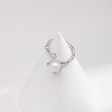 Pearl & Zircon Ring | S925 Sterling Silver, Adjustable, White Gold / Vintage Gold