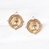 Vintage Coin Pearl Stud Earrings