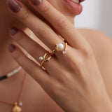 Pearl & Zircon Ring | S925 Sterling Silver, Adjustable, White Gold / Vintage Gold