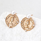 Vintage Coin Pearl Stud Earrings