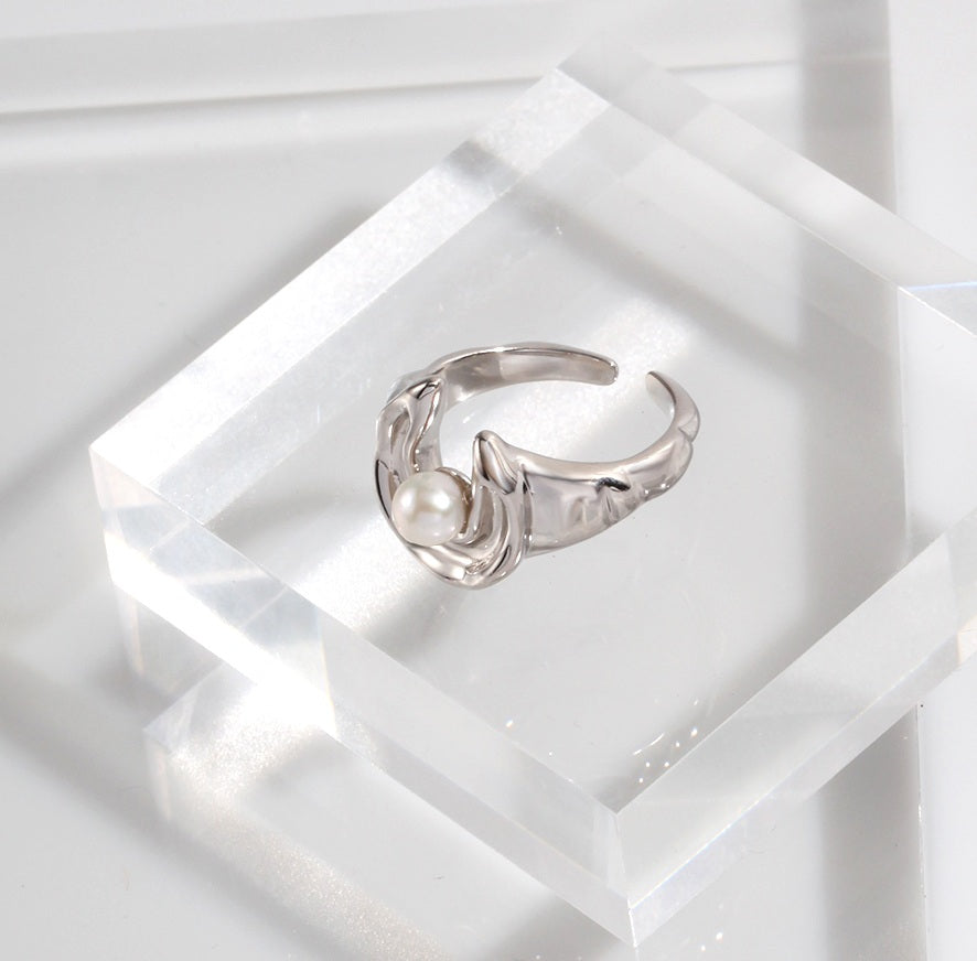 Moon & Star Pearl Ring | S925 Sterling Silver, Adjustable, Vintage-Inspired Design