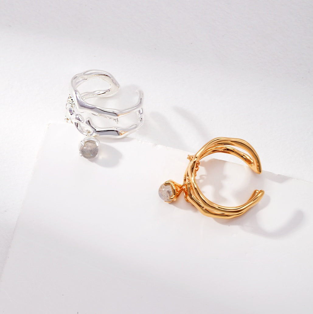 Labradorite Moonstone Ring | S925 Sterling Silver, Adjustable, Irregular Design