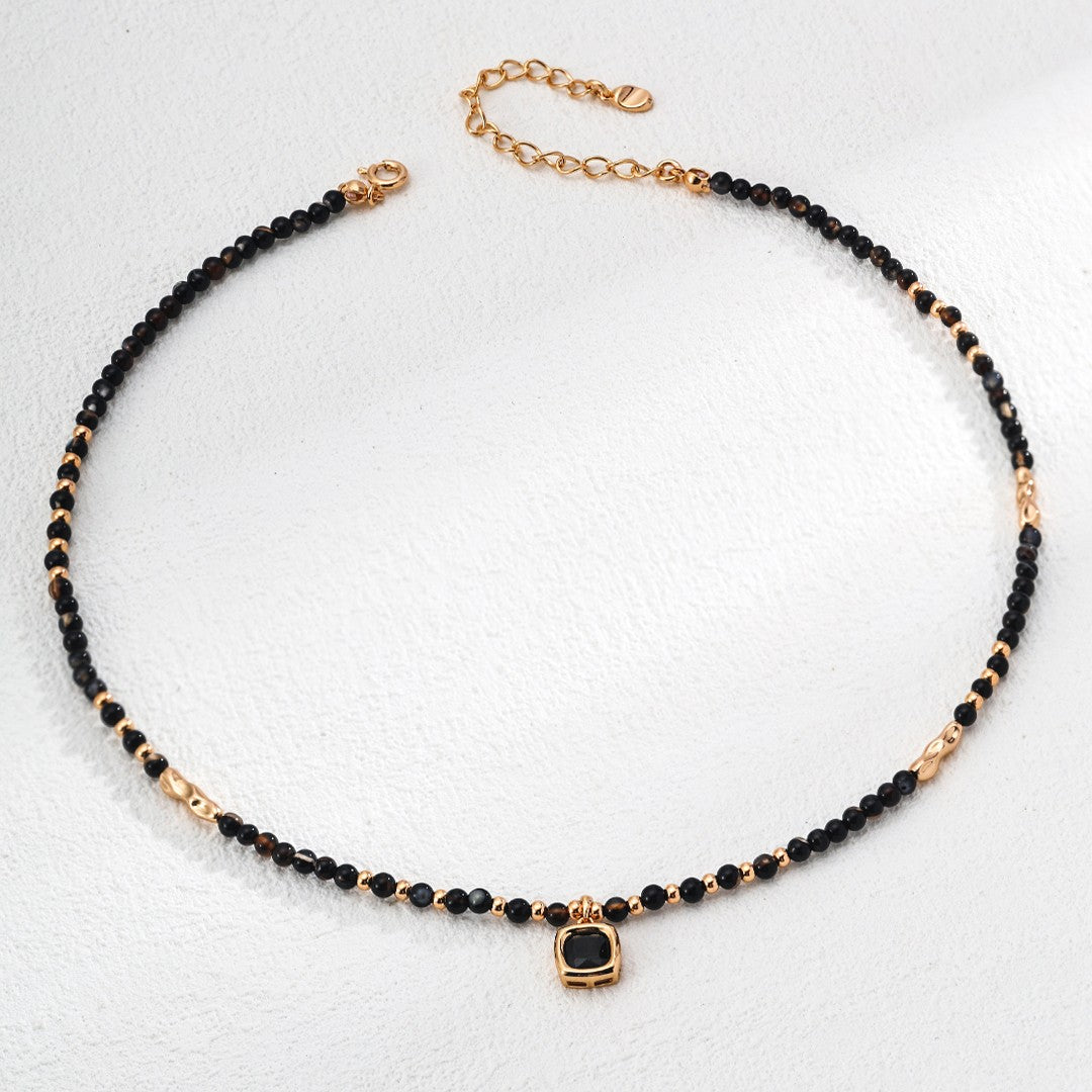 Black Onyx Beaded Necklace | S925 Sterling Silver, Vintage Gold
