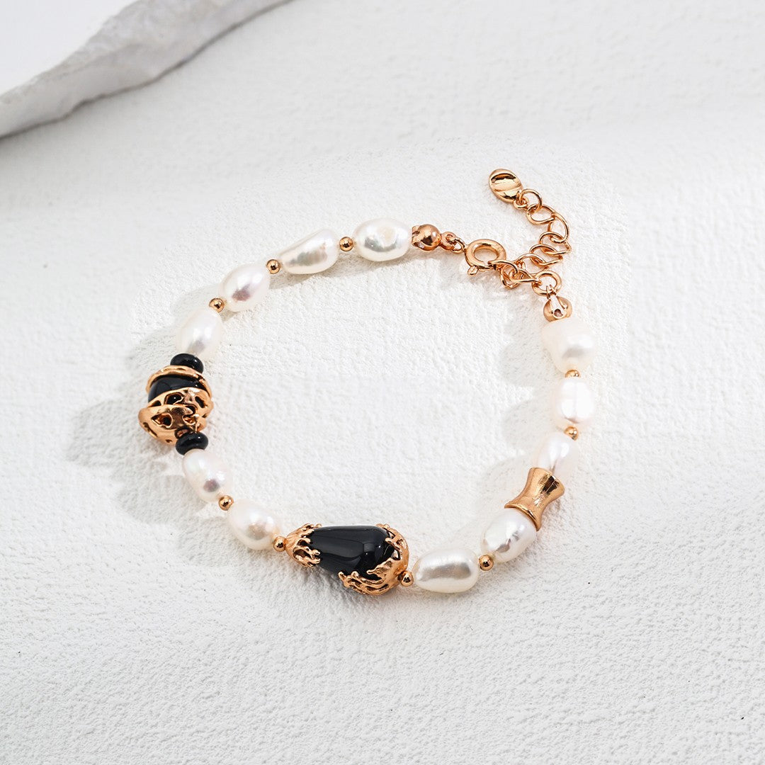 Black Onyx & Pearl Bracelet | S925 Sterling Silver, Vintage Gold