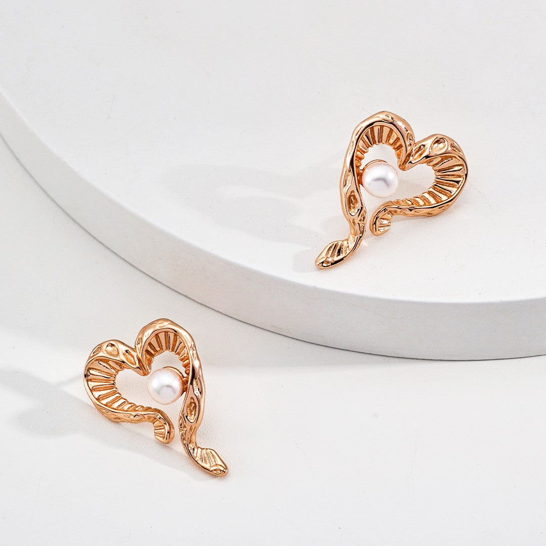 Heart-Shaped Pearl Earrings | S925 Sterling Silver, Vintage Gold
