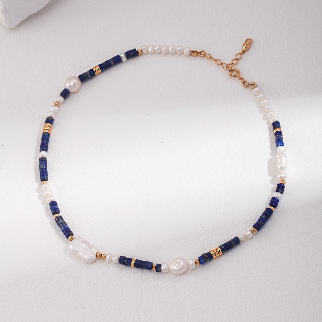 Lapis Lazuli & Pearl Necklace | S925 Sterling Silver, Vintage Gold