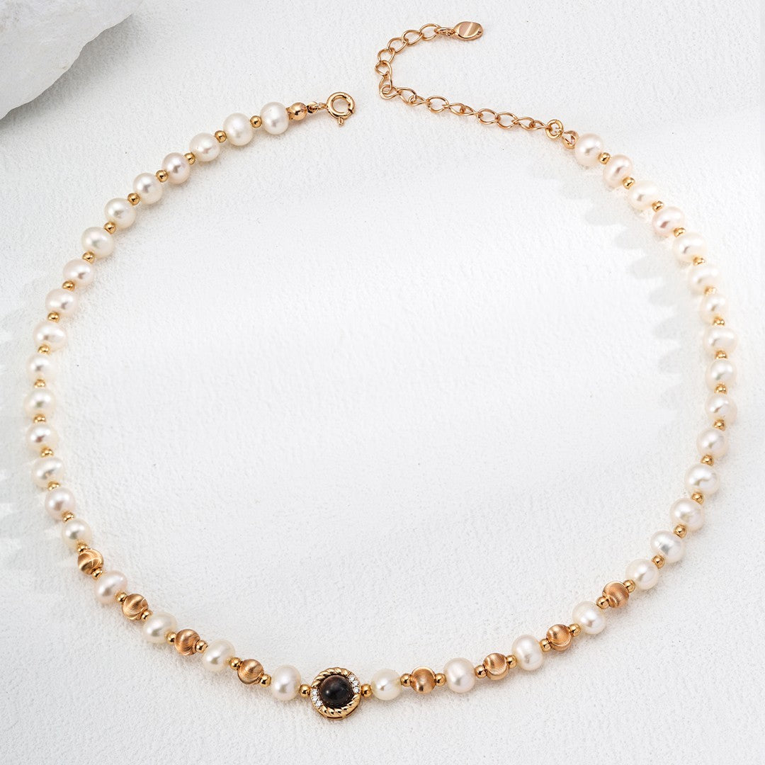 Tiger’s Eye & Pearl Necklace | S925 Sterling Silver, Vintage Gold