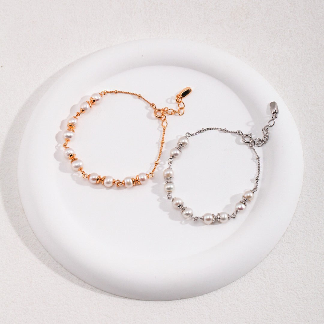 Pearl Link Bracelet | S925 Sterling Silver, White Gold / Vintage Gold