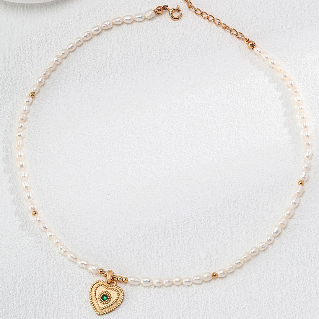 Heart Pendant Pearl Necklace | S925 Sterling Silver, Vintage Gold / White Gold