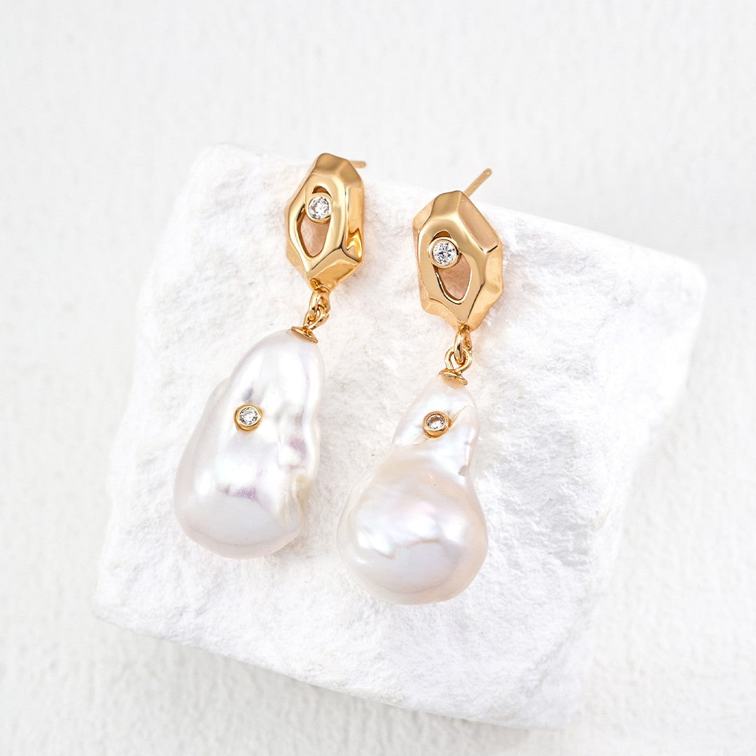 Baroque Pearl & Geometric Zircon Earrings | S925 Sterling Silver