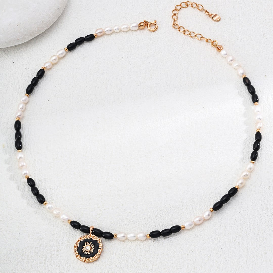 Pearl & Onyx Enamel Pendant Necklace | S925 Sterling Silver, Vintage Gold
