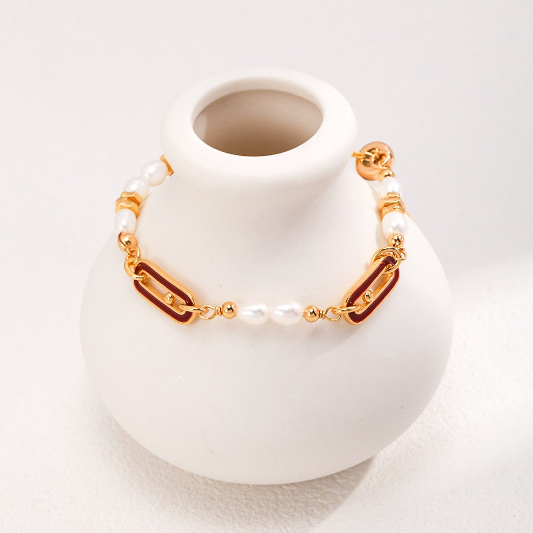 Red Enamel Pearl Bracelet | S925 Sterling Silver, Vintage Gold