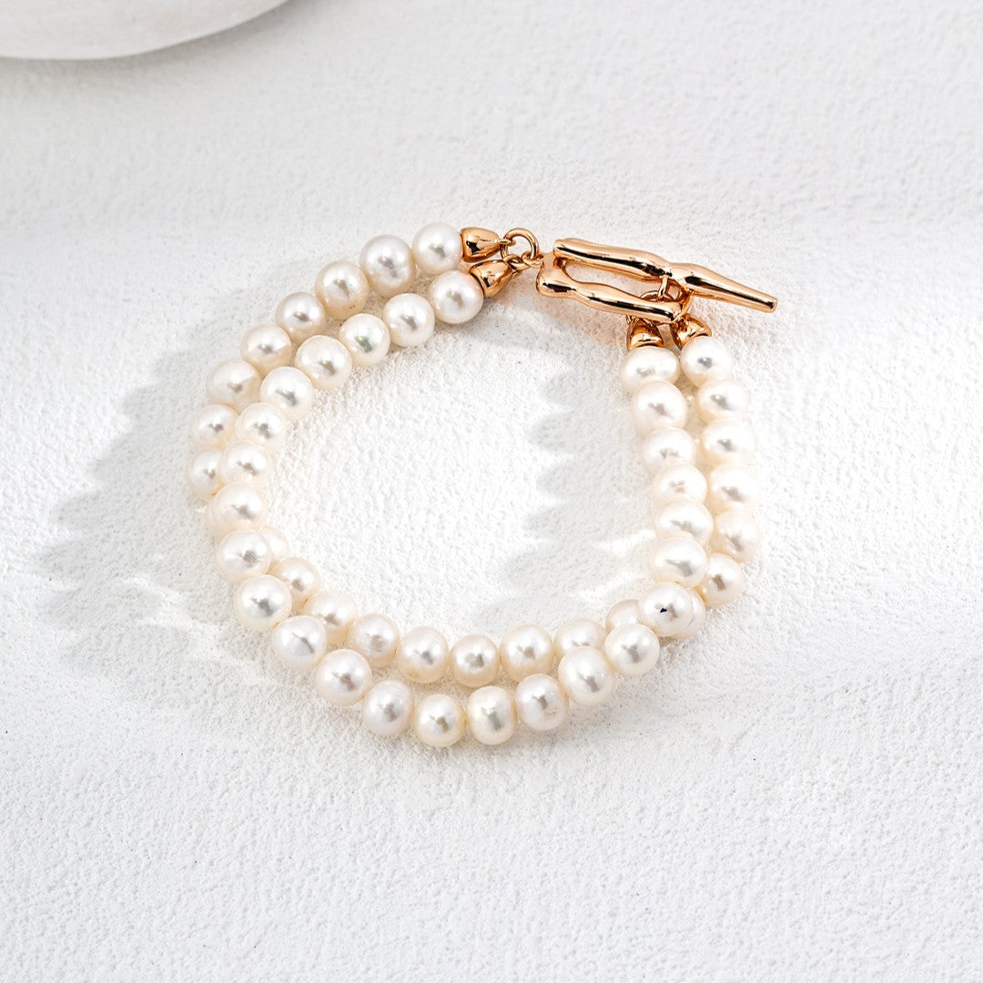 Double Strand Pearl Bracelet | S925 Sterling Silver, Vintage Gold