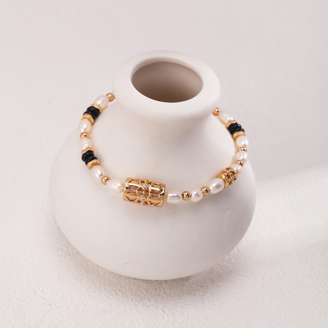Pearl, Onyx & Zircon Bracelet | S925 Sterling Silver, White Gold / Vintage Gold
