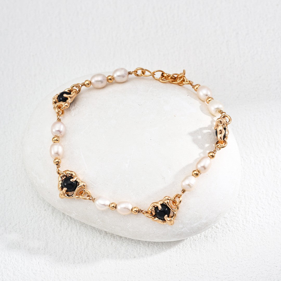 Vintage Pearl & Onyx Bracelet | S925 Sterling Silver, Vintage Gold
