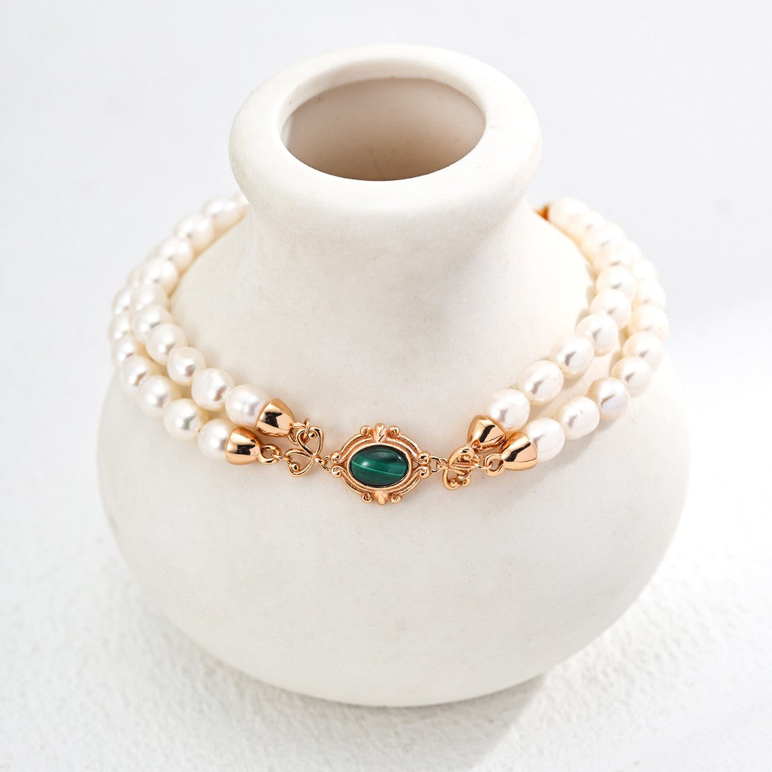 Malachite & Pearl Double-Strand Bracelet | S925 Sterling Silver, Vintage Gold