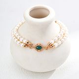 Malachite & Pearl Double-Strand Bracelet | S925 Sterling Silver, Vintage Gold