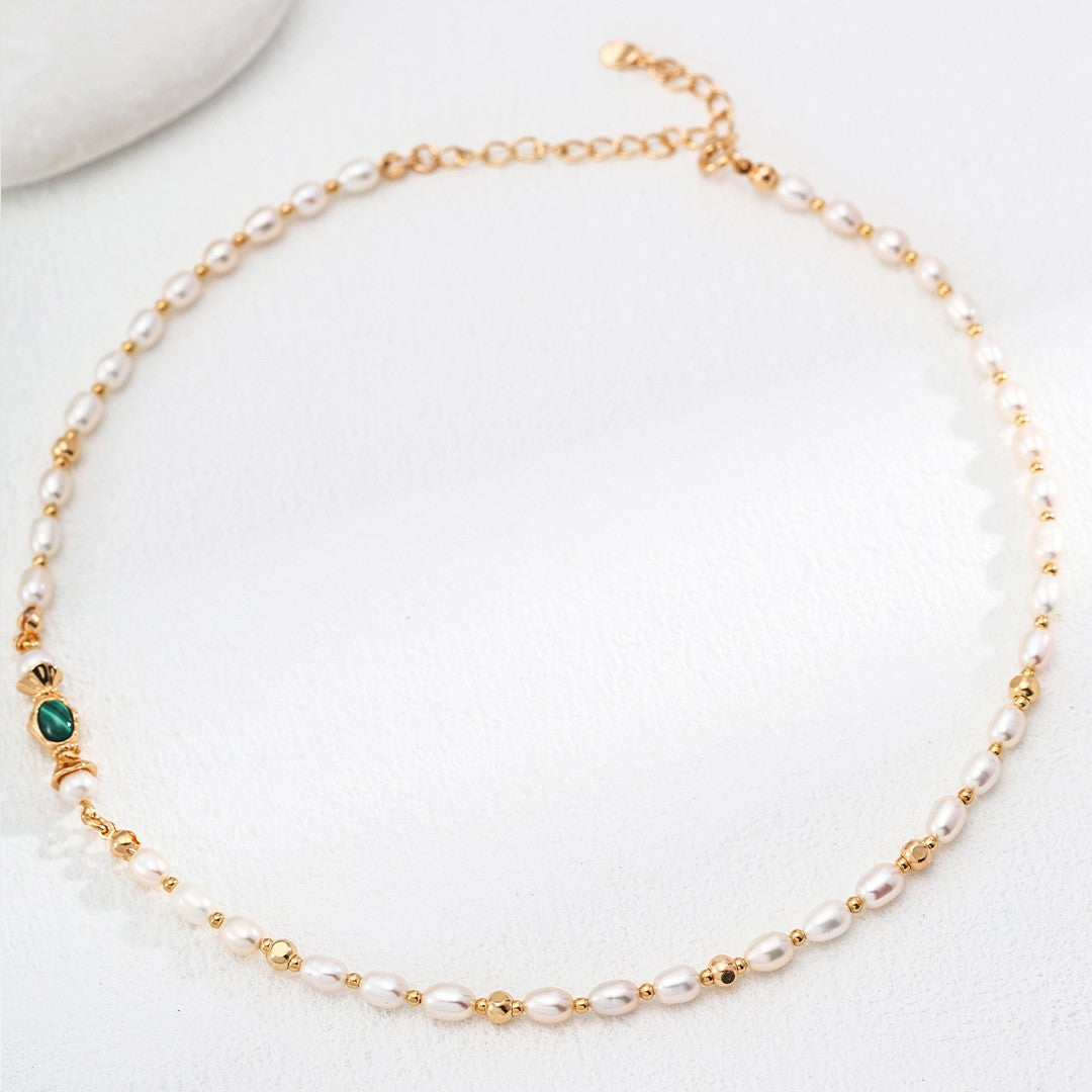 Malachite & Pearl Necklace | S925 Sterling Silver, Vintage Gold
