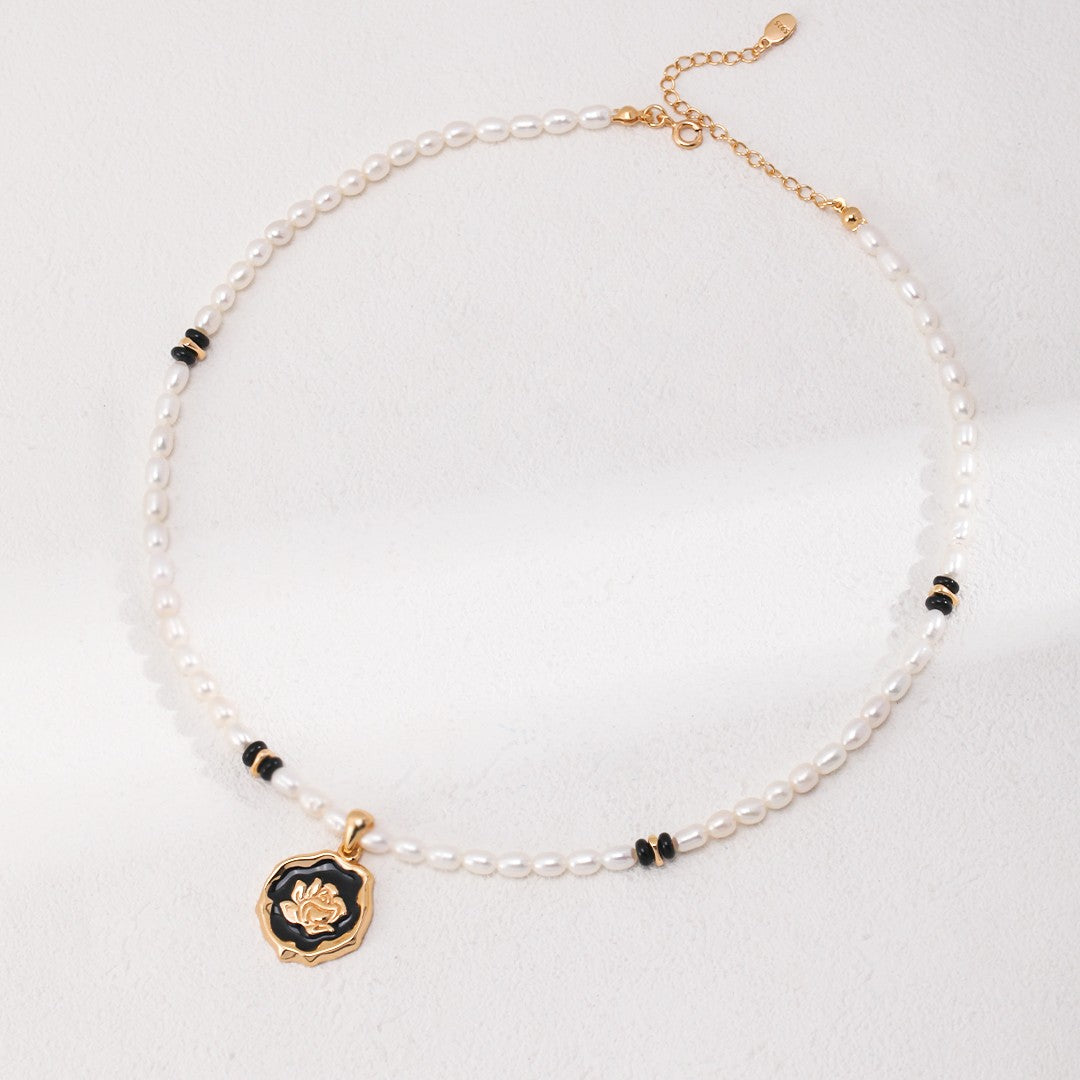 Rose Enamel Pearl Necklace | S925 Sterling Silver, Vintage Gold