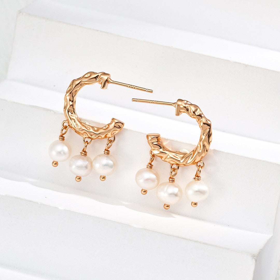 Textured Pearl Drop Hoop Earrings | S925 Sterling Silver