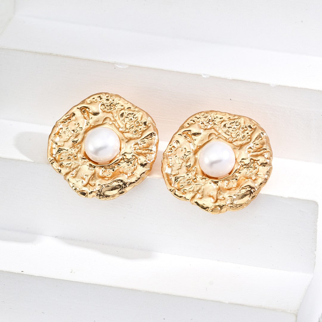 Textured Round Pearl Earrings | S925 Sterling Silver