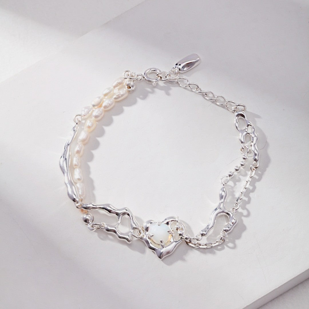 Opal & Pearl Heart Bracelet | S925 Sterling Silver, Silver / Vintage Gold