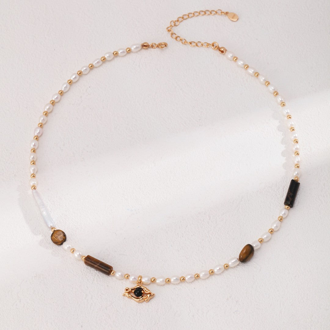 Tiger’s Eye & Pearl Necklace | S925 Sterling Silver, Vintage Gold