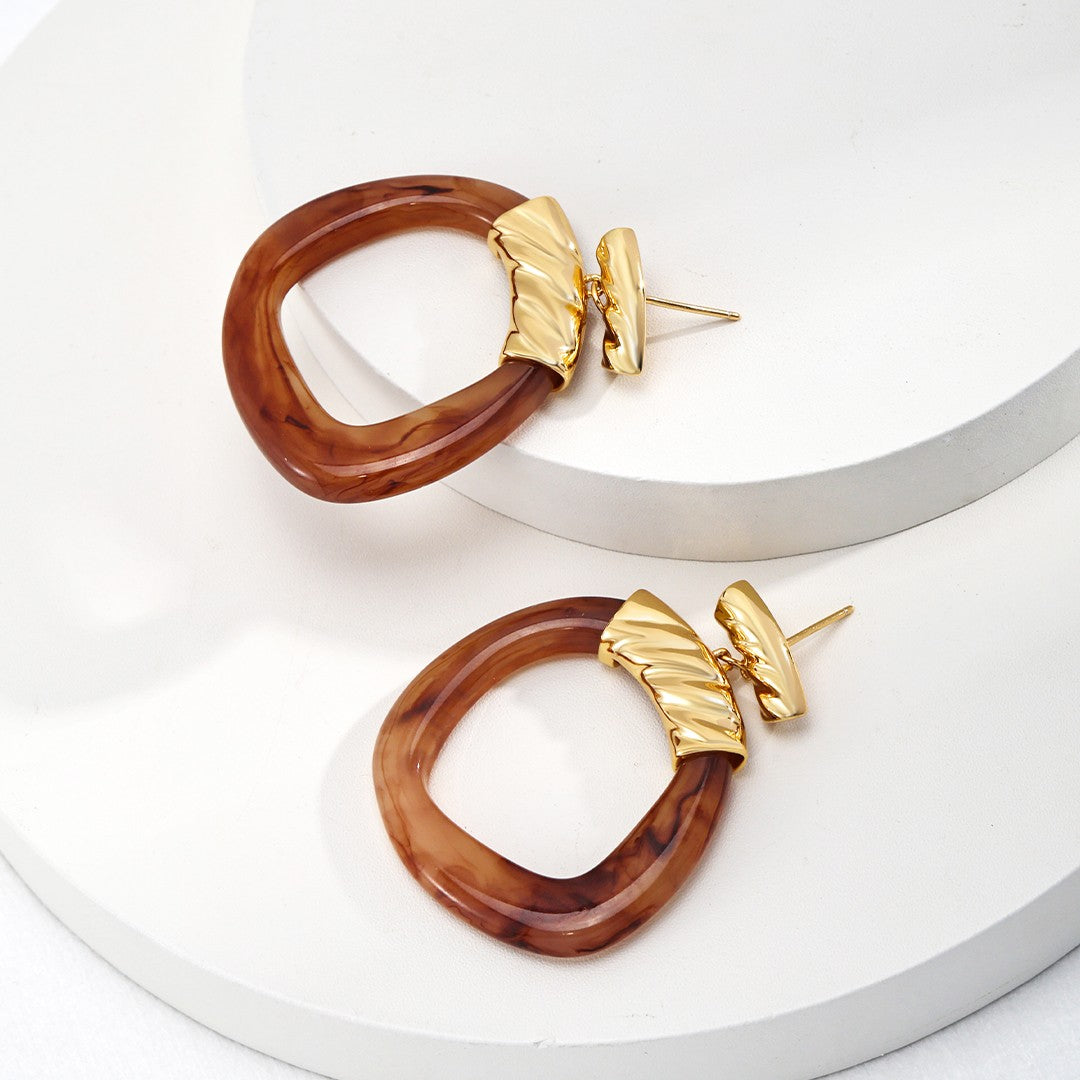 Retro Resin Hoop Earrings | S925 Sterling Silver, Caramel & Vintage Gold