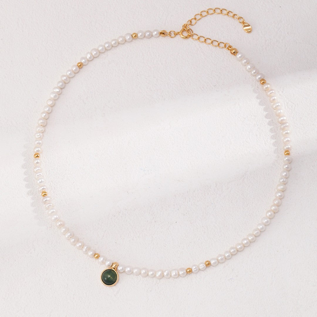 Moss Agate Pearl Necklace | S925 Sterling Silver, Vintage Gold