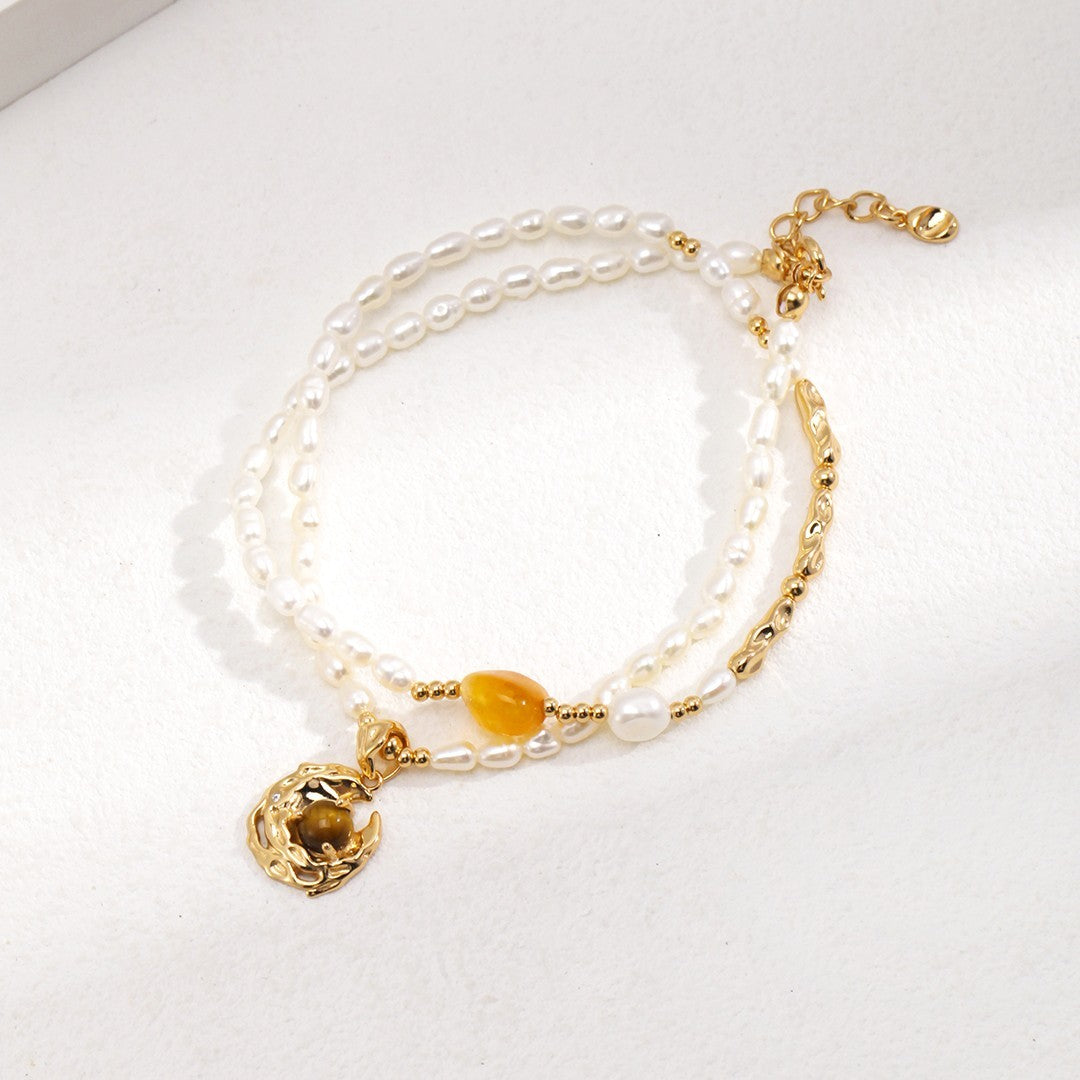 Golden Tiger Eye Pearl Necklace | S925 Sterling Silver, Vintage Gold