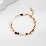 Tiger Eye & Pearl Bracelet | S925 Sterling Silver, Vintage Gold
