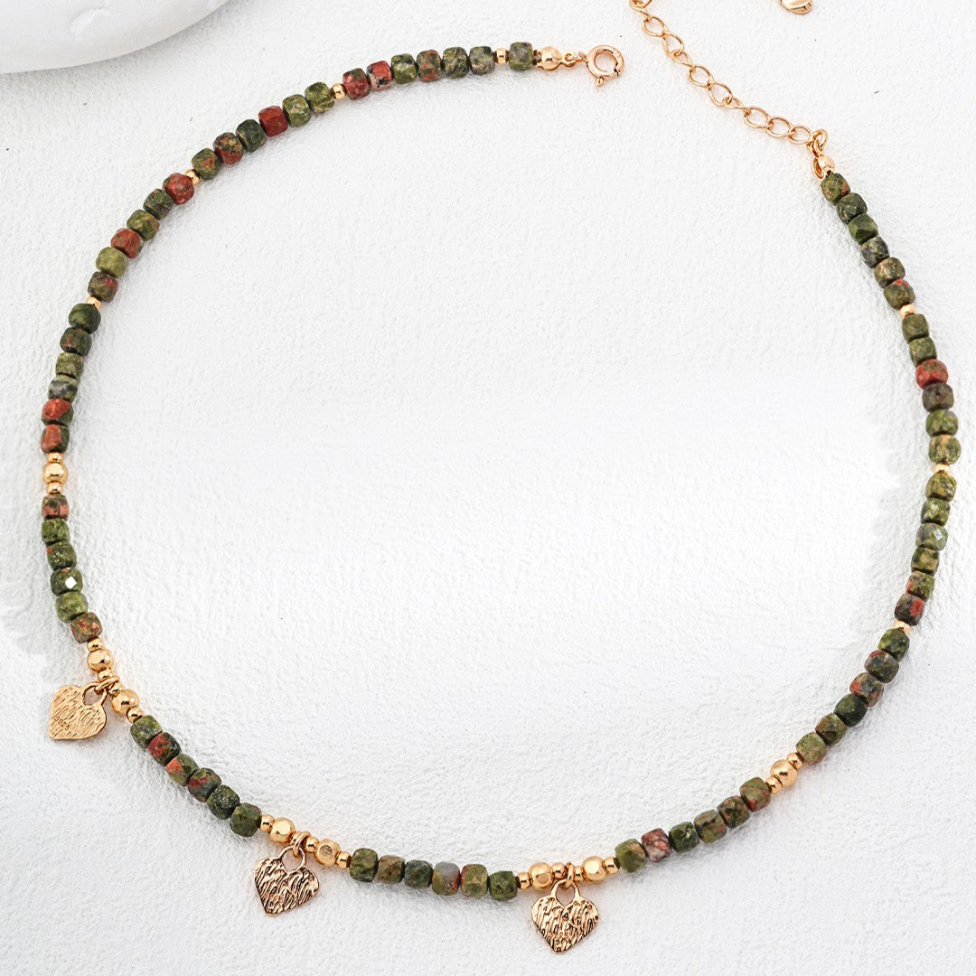 Shoushan Stone Heart Charm Necklace | S925 Sterling Silver, Vintage Gold