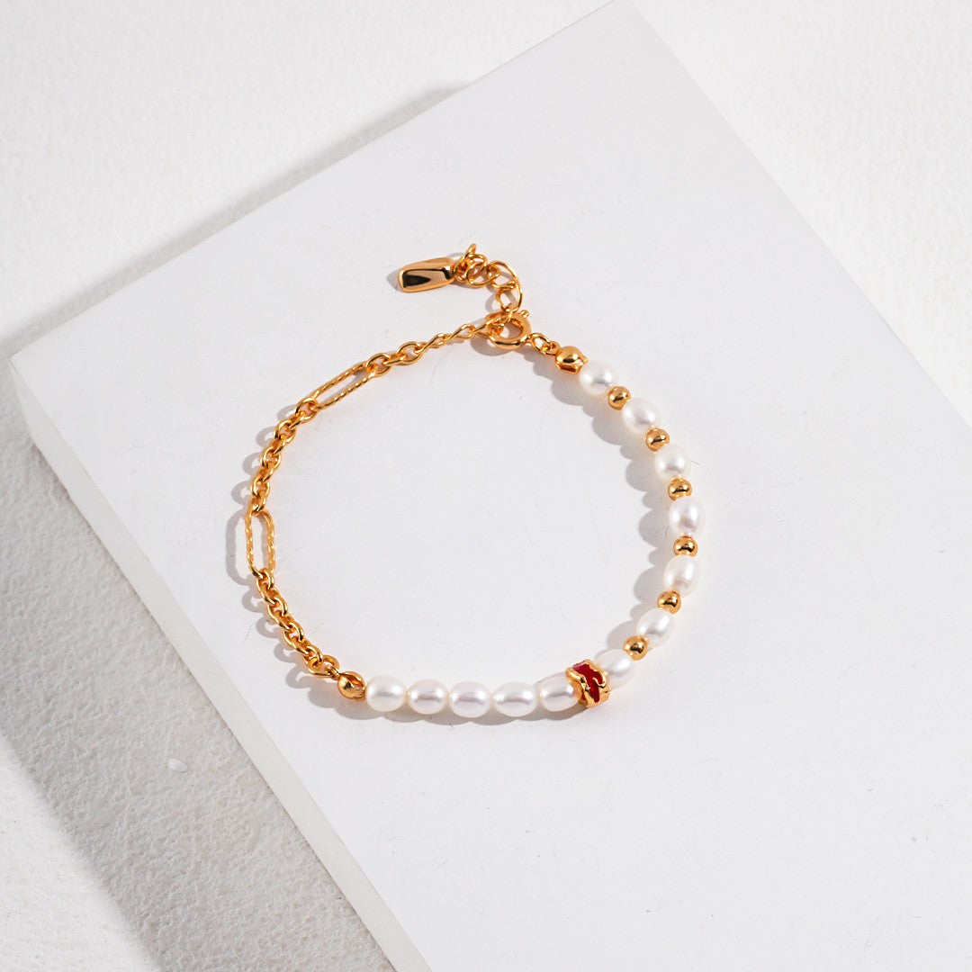 “Flow” Enamel Pearl Bracelet | S925 Sterling Silver, White Gold / Vintage Gold