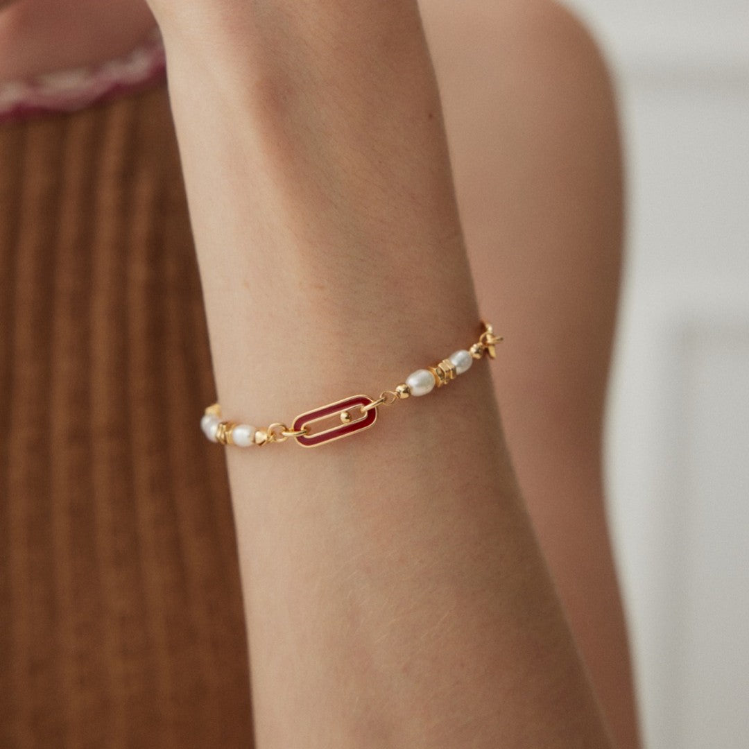 Red Enamel Pearl Bracelet | S925 Sterling Silver, Vintage Gold