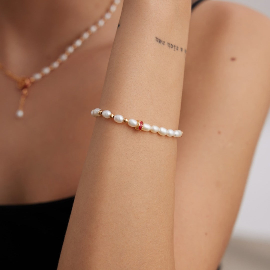 “Flow” Enamel Pearl Bracelet | S925 Sterling Silver, White Gold / Vintage Gold