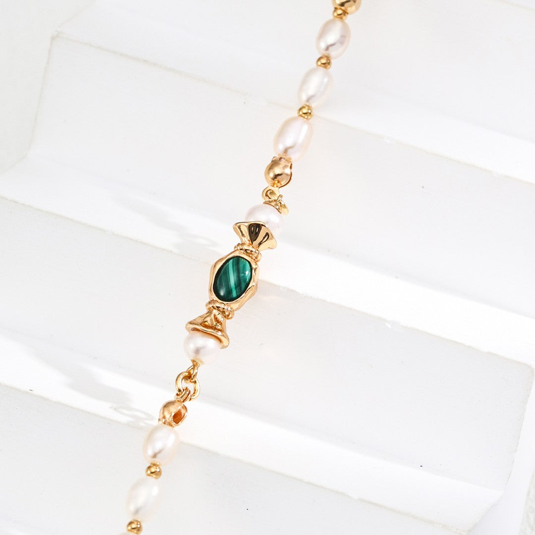 Malachite & Pearl Necklace | S925 Sterling Silver, Vintage Gold