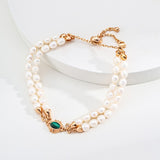 Malachite & Pearl Double-Strand Bracelet | S925 Sterling Silver, Vintage Gold