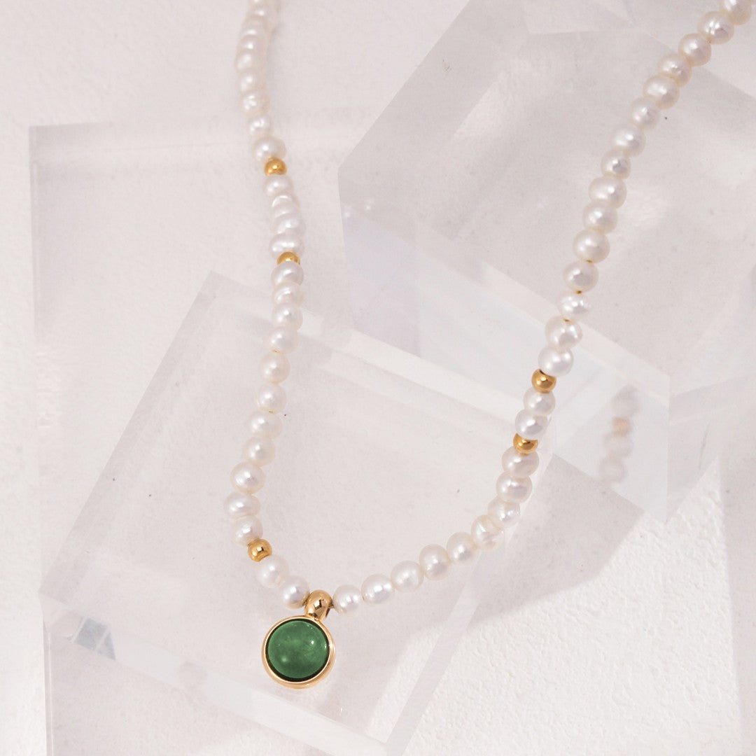 Moss Agate Pearl Necklace | S925 Sterling Silver, Vintage Gold