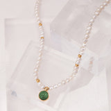 Moss Agate Pearl Necklace | S925 Sterling Silver, Vintage Gold
