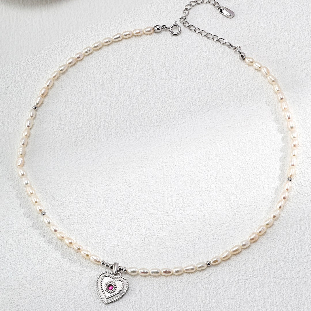 Heart Pendant Pearl Necklace | S925 Sterling Silver, Vintage Gold / White Gold